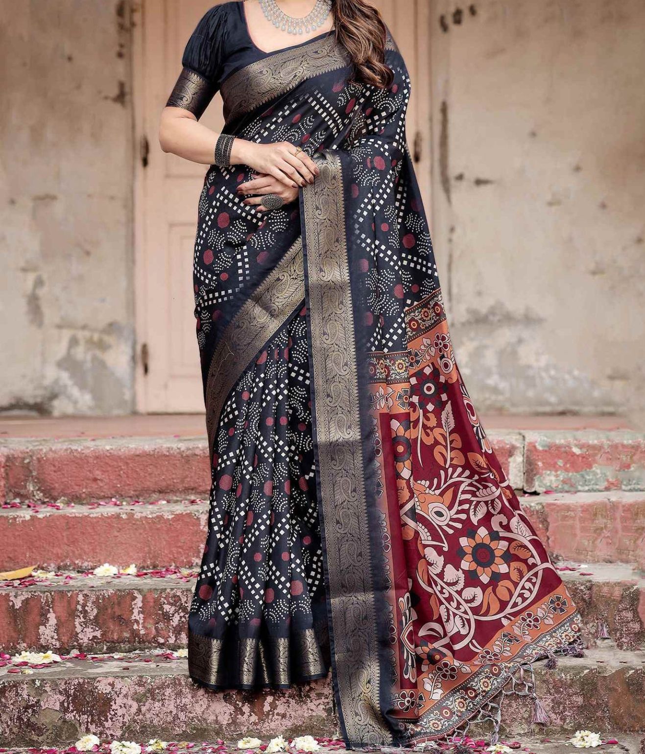 Blue Kalamkari Print Saree